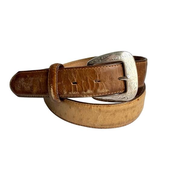 Ostrich Leather Belt Exotic Brown Tan Vintage Distressed Western Silver Mens 40 - Picture 1 of 16